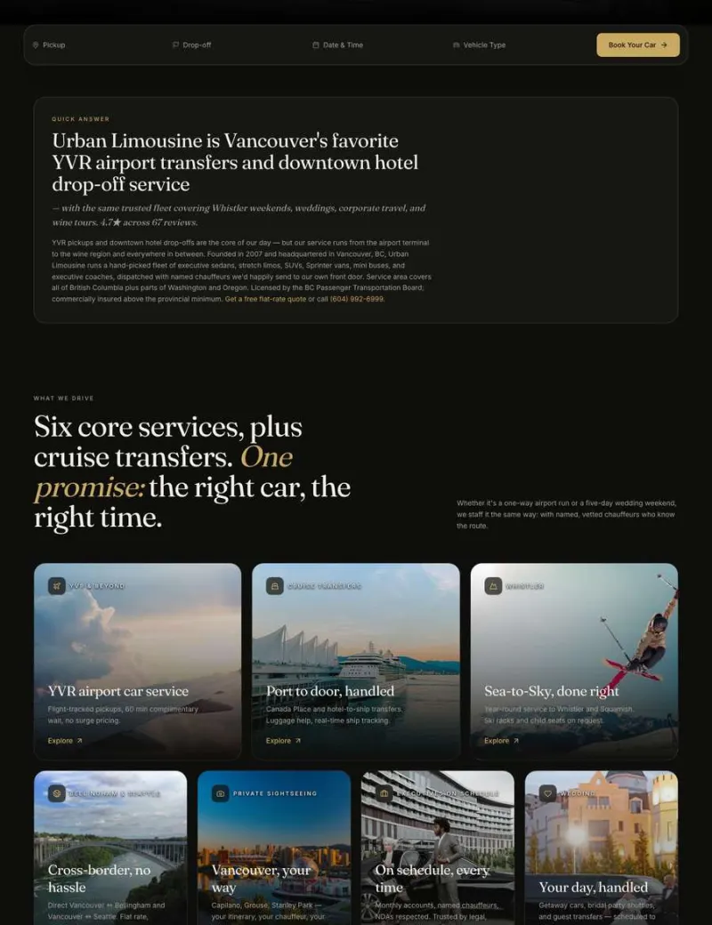 New Urban Limousine full homepage: service cards, a photographed fleet grid and one consistent design