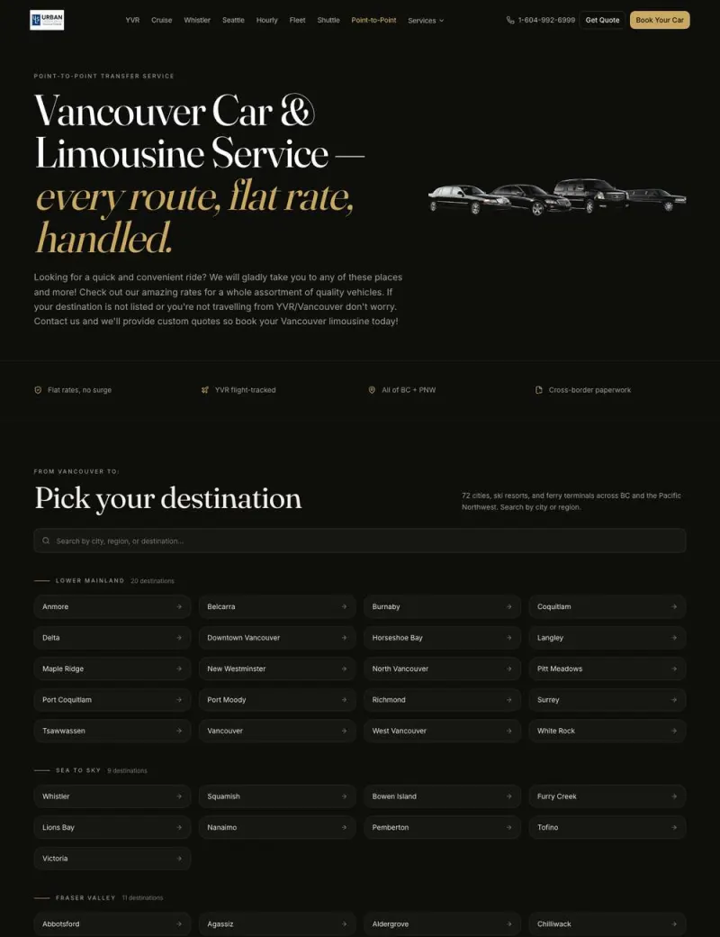 New Urban Limousine transfers page: destinations grouped by region, with a search field and a page per route