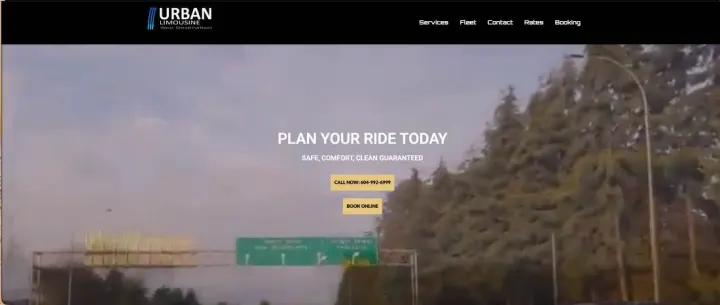 Old Urban Limousine homepage first screen: a mirrored dashcam video, a generic headline and two competing buttons