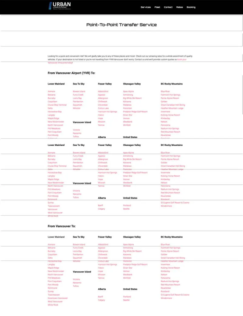 Old Urban Limousine transfers page: the same destination list repeated as plain text links